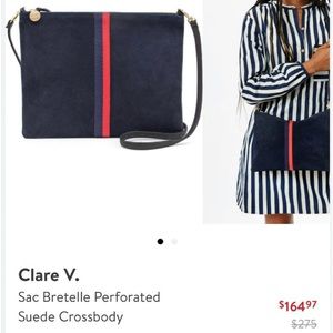 Clare V Sac Bretelle Preforated suede navy stripe crossbody
